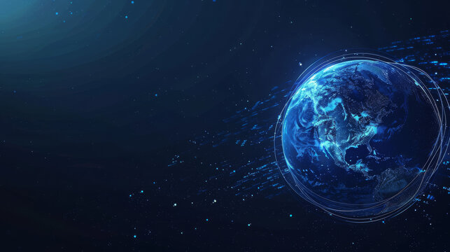 In a dark blue vector background, the Earth appears, surrounded by abstract technological rings orbiting the planet. This composition symbolizes a global communication system 