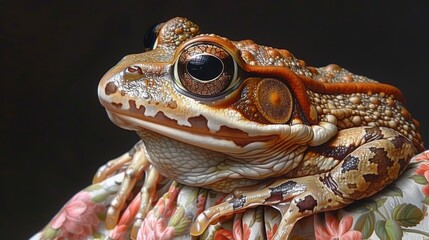  a close up of a frog's face with a flowered dress around it's neck and a black background.