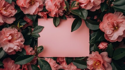 Baby Pink Sheet of Paper Surrounded by Pink Camellias