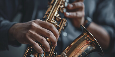 Harmonic Hands: A Close-Up of a Saxophone Being Played by a Jazz Maestro - obrazy, fototapety, plakaty