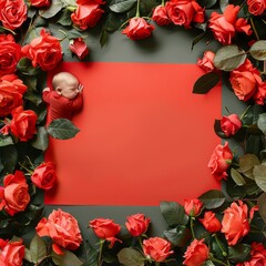 Red Sheet of Paper Surrounded by Red Roses on a Wallpaper Background