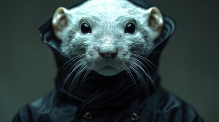  a white rat wearing a black jacket with a hood on it's head and a hood on its head. - obrazy, fototapety, plakaty