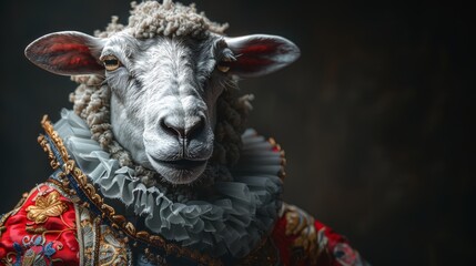  a close up of a sheep wearing a dress and a sheep's head with hair in it's ears.
