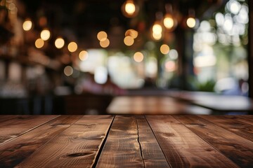 Empty wooden table top with abstract blurred background. Table top with copy space for product advertising in outdoors terrace, bar, coffee shop. Mock up