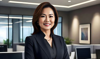 portrait/studio photograph/headshot of a smiling Asian businesswoman wearing a black business suit in an office - confident, competent employee or executive