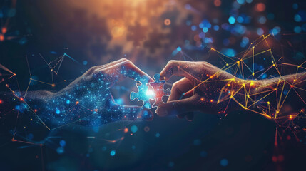 Two interlocking puzzles and two hands signify partners collaborating and cooperating to implement a digital solution. It represents the process of merging companies and creating matching connections