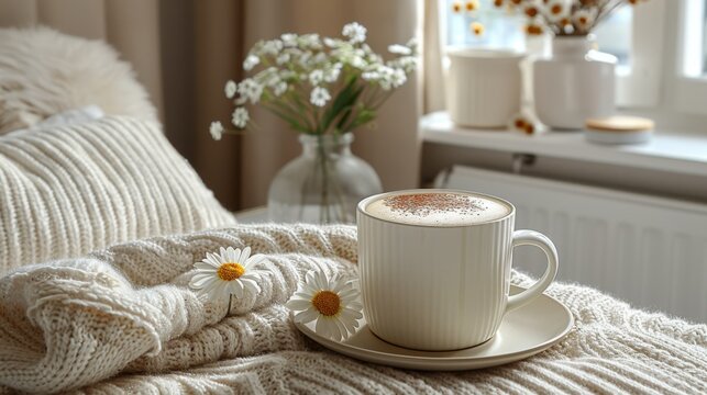  a cup of cappuccino on a saucer with a saucer on a saucer on a bed.