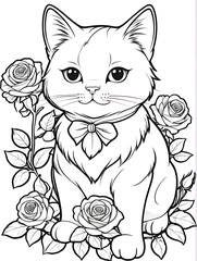 Cat with flower coloring page kids style white background ai generated