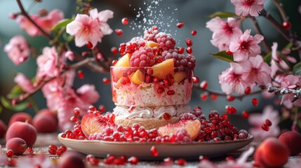  a cake topped with fruit and sprinkles on top of a plate next to a bunch of flowers.