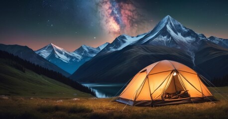 A luminous tent glows under a night sky in a serene mountain landscape. The majestic peak in the background is crowned by stars, enhancing the wilderness escape. AI generation AI generation - obrazy, fototapety, plakaty