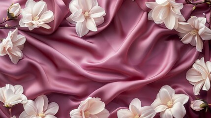 Premium Silk Fabric with White Flowers Background