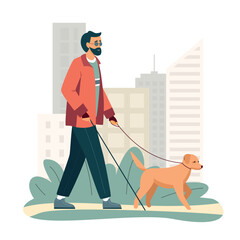 Active blind bearded man walking with guide dog in the city park. Diversity concept, Healthy men lifestyle. Guide dog is helping a blind man. Vector illustration isolated on white