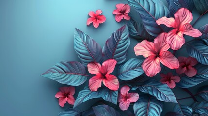  a bunch of pink and blue flowers on top of a green leafy plant with pink and blue leaves on a blue background.