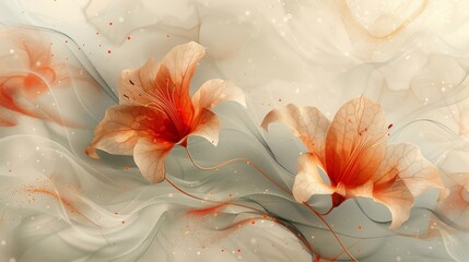  a digital painting of two orange flowers on a white and gray background with red sprinkles on the petals.