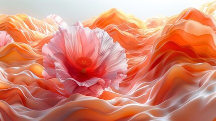  a large pink flower sitting in the middle of a wave of orange and white fabric with mountains in the background.