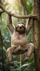 A tranquil sloth stretches across tree limbs in the heart of the rainforest, embodying the serene spirit of the wild. It appears in harmony with its natural surroundings. AI generation