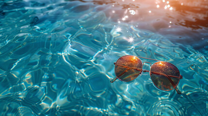 A pair of sunglasses floating in the water. The water is blue and the sun is shining on it. Concept...