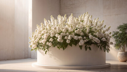 White hydrangeas in a flower pot, afternoon sunlight, inside a marble building, minimalist.