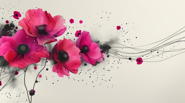  a group of pink flowers on a white background with black and red splats on the bottom of the flowers.