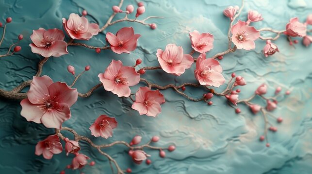  a painting of a branch with pink flowers on a teal blue background with white and pink flowers on it.