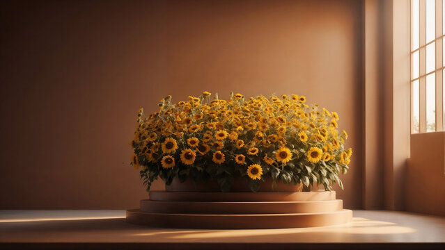 Sunflowers in a flower pot, brown wall, afternoon sunlight from the window.