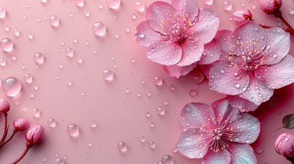  a group of pink flowers with water droplets on a pink background with a place for the text on the left side of the image.