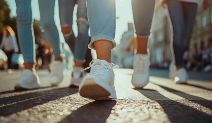 A group of people walking on the street, focus is legs and shoes, close up shot, wearing jeans or pants with white sneakers, blurred background Generative AI - obrazy, fototapety, plakaty