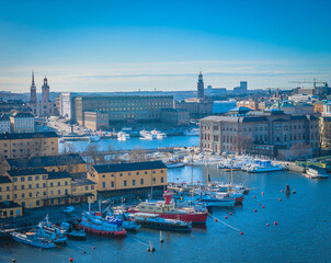 Stockholm old town - Gamla stan, Skeppsholmen, Ostermalm. Aerial view of Sweden capital. Drone top panorama photo