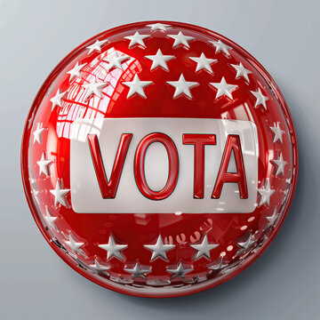 Pin met&aacute;lico brillante para fomentar el acto de vota, texto Vota, semi esfera roja, con estrellas blancas, proceso electoral, elecciones, persuasivo, mecanismo popular concienciar masas, conteo votos