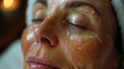 aged woman with facial treatment in aesthetic clinic, receives a botox injection above her face