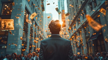 businessman standing in the middle of crowd on wall street, dollar notes are falling from the sky  - obrazy, fototapety, plakaty