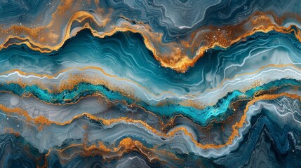  an abstract painting of blue, gold, and white swirls on a black and white background with gold accents. - obrazy, fototapety, plakaty