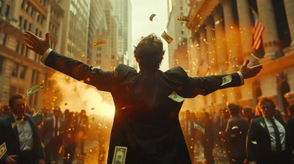 Foto op Canvas businessman standing in the middle of crowd on wall street, dollar notes are falling from the sky  © arti om