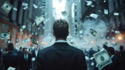 businessman standing in the middle of crowd on wall street, dollar notes are falling from the sky 