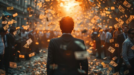 businessman standing in the middle of crowd on wall street, dollar notes are falling from the sky  - obrazy, fototapety, plakaty