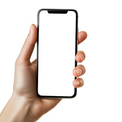 woman holding a smart cell phone in hand on a transparent background PNG - easy modification