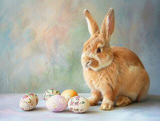 A brown rabbit sitting next to a group of colorful eggs. The concept of Easter