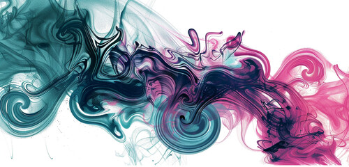 An abstract ink pattern featuring swirls and curls in teal and magenta, dynamically composed, isolated on white background