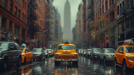 Retro city atmosphere. Back to 90s. Old city with cars and people. Cinematic colors, rainy day - obrazy, fototapety, plakaty