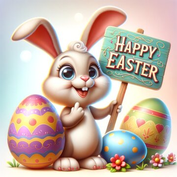 Happy easter greeting with cartoon bunny and eggs