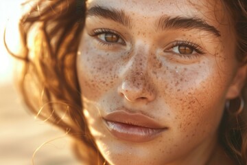 Close up of dewy summer skin with freckles, glowing and natural, warm sunlight and soft skin tones