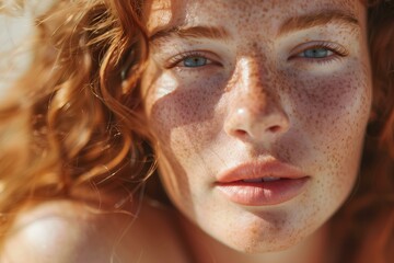 Close up of dewy summer skin with freckles, glowing and natural, warm sunlight and soft skin tones