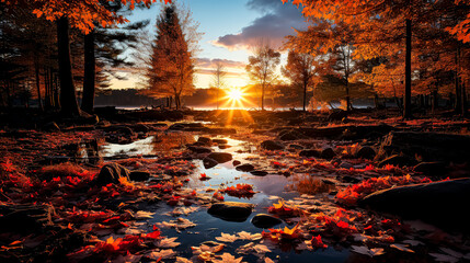 A beautiful autumn scene with a sun shining on the water. The sun is reflected in the water, creating a serene and peaceful atmosphere. The trees are covered in vibrant orange leaves - Powered by Adobe