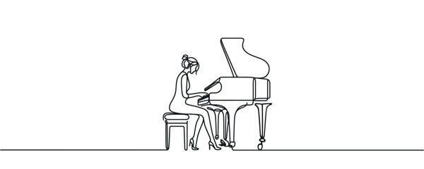musician playing the piano, vector drawing. the concept of a musician performing a concert, a composer writing music on a piano with one line.