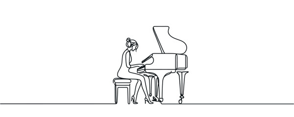musician playing the piano, vector drawing. the concept of a musician performing a concert, a composer writing music on a piano with one line. © Hanna