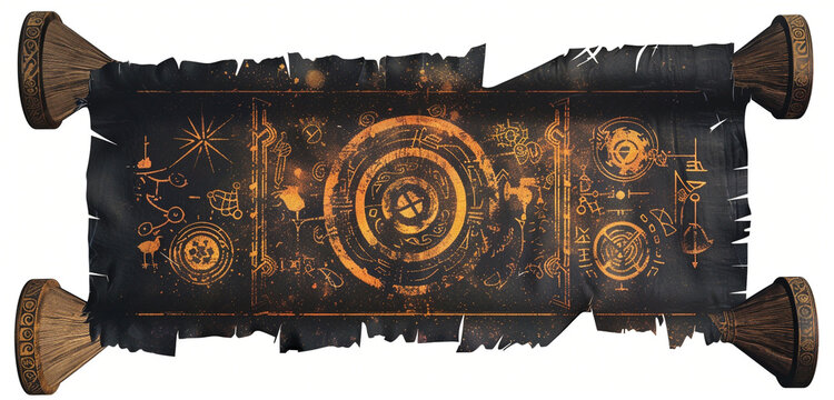 An ancient scroll unrolled, with mythical symbols drawn in charcoal and amber inks, steeped in mystery, isolated on white background