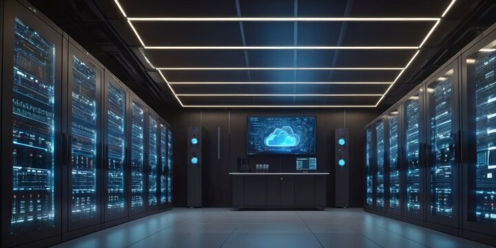 Inside a high-tech data center, server racks line the room with a glowing cloud computing diagram centralizing the space. The setting exudes a sense of advanced cybersecurity and the data-driven