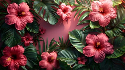  a painting of pink flowers and green leaves on a pink background with a heart shaped hole in the middle of the image.