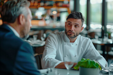 Fototapeta na wymiar An entrepreneur chef in an empty restaurant meeting an investor 