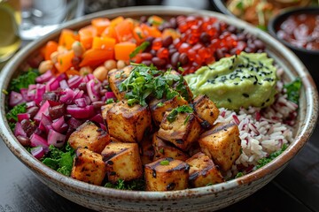 a brightly colored platter of plant-based foods that highlights a range of delectable and healthful substitutes for traditional meat. - obrazy, fototapety, plakaty